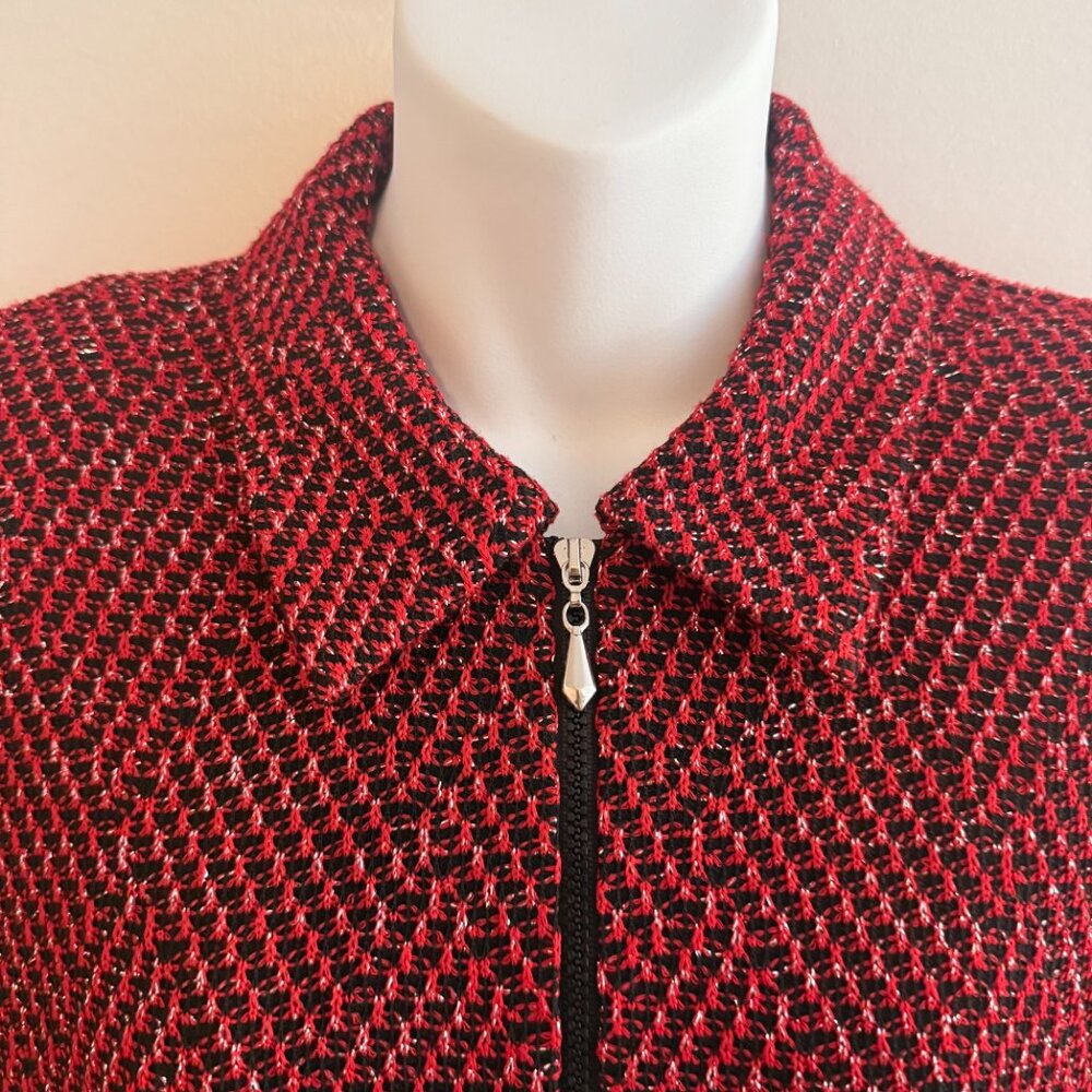 Alfred Dunner Petite Red & Black Metallic Knit Zip-Front Jacket | Size 12P - Picture 7 of 12